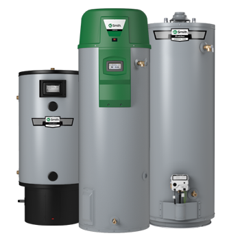 Three gray tank water heaters next to each other, on white background.