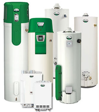 A variety of tank and tankless water heaters on white background.