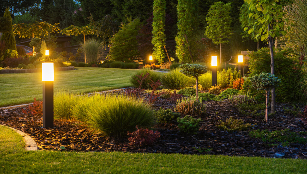 LED Light Posts Illuminating a Backyard Garden 